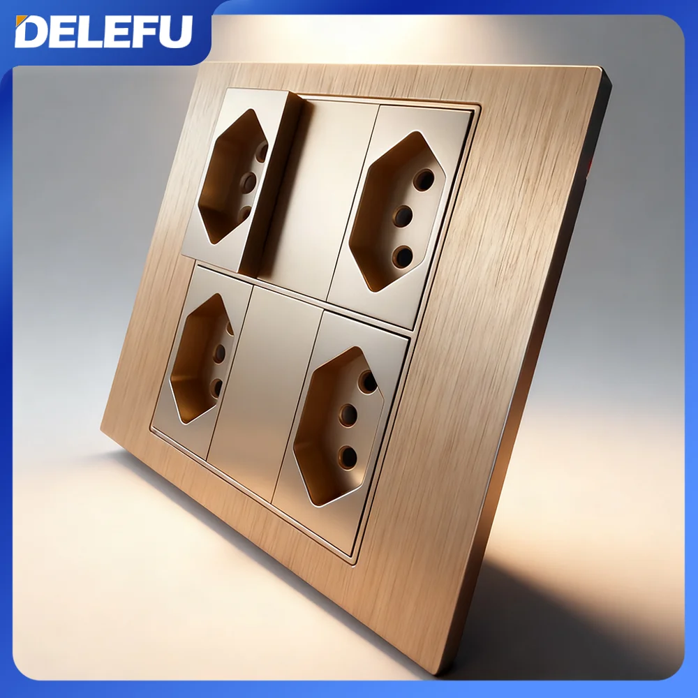 DELEFU 4x4 Aluminium Wire Panel Brazil Standard  Wall Power Socket  USB Type C Light Switch Office Golden 10A 20A