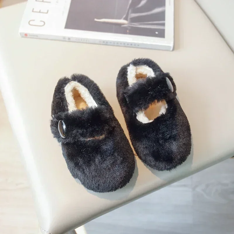 Kids Flat Shoes Fluffy Fur Warm Shallow  New 2024 Winter Children Casual Shoes Hook-loop Cover Toe Comfy Girls Shoes