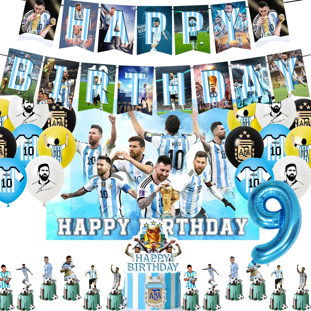 Argentina Superstar Leo Messi Football Theme Background Birthday Party Decor Miami Cake Topper Flags Blue Balloons Gift Prop