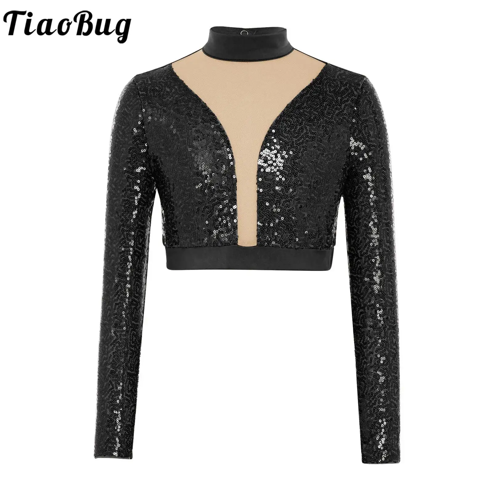 

Kids Girls Jazz Modern Lyrical Tango Performance Costume Dance Shirts Long Sleeve Mesh Patchwork Sequins Cheerleader Crop Top