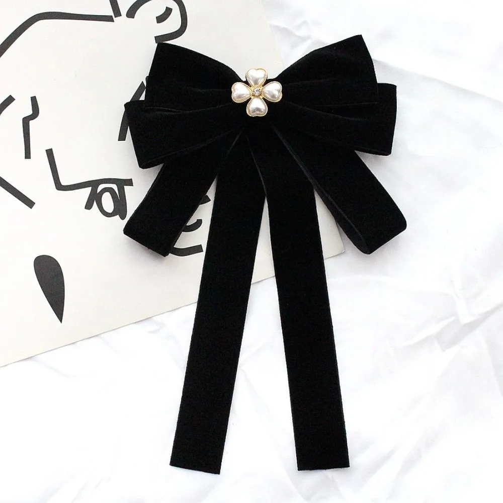 Sweet Velvet Black Ribbon Pin Beads Rhinestones Black Bow Necktie Pearl Multi-layer Ribbon Badge Brooch Men
