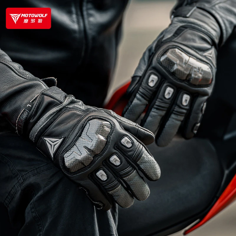 Guantes de cuero para motocicleta, protectores transpirables de dedo completo para pantalla táctil, ciclismo y Motocross