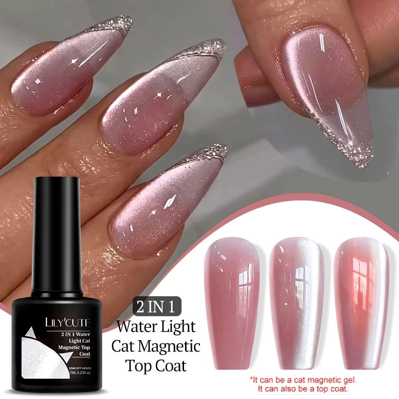 

LILYCUTE 7ML 2 IN 1 Water Light Cat Magnetic Top Coat Sparkling Glass Bead Magnetic Gel Nail Polish Semi Permanent UV Gel Polish