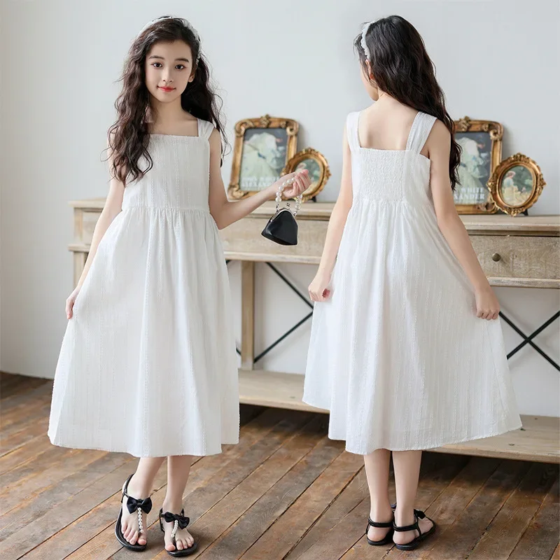 

Летние белые пляжные платья принцессы для больших детей, повседневный жаккардовый наряд без рукавов для детей 8 10 лет, 2025 г., модное платье для отдыха для девочек