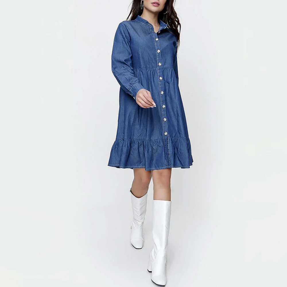 Single-breasted Midi Dresses Women Small Stand Collar Shirt Sleeve Patchwork Fashion Denim Dress Soft 2022 Spring Autumn Muslim