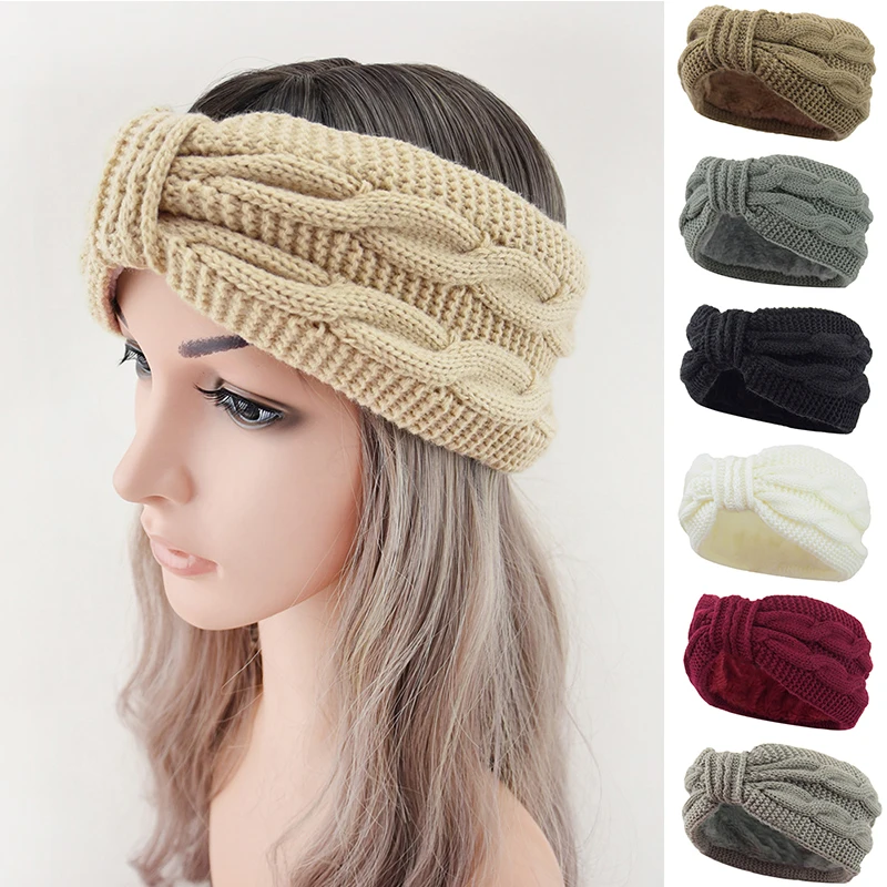 Autumn Winter Thicken Knitting Woolen Wide Headband For Women Plush Lined Headwrap Turban Hairbands Keep Warm Female Ear Warmers