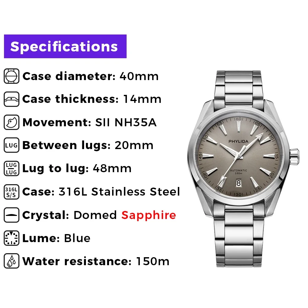 PHYLIDA Jam Tangan Otomatis Dial Abu-abu Baru Aqua AT 150M Jam Tangan Kristal Safir NH35A Jam Tangan Penyelam 100WR untuk Pria Tanggal Pada 6