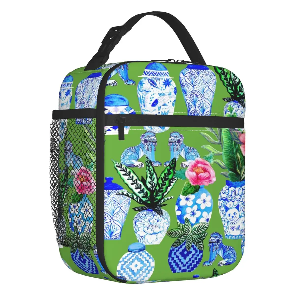 

Chinese Ginger Jars On Green Lunch Bag Cooler Warm Blue Pottery Emerald Green Chinoiserie Porcelain Insulated Lunch Box Children