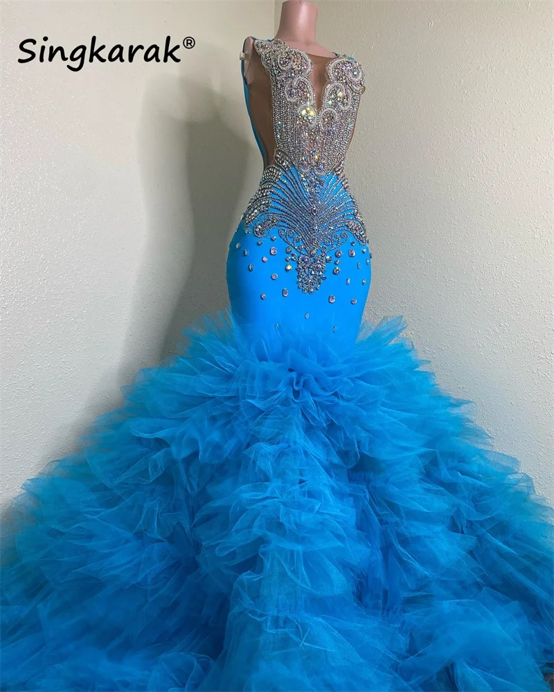 Luxuy Blue Diamonds Long Prom Dresses 2025 Beads Rhinestone Crystal Ruffle Wedding Reception Birthday Party Gown Customized