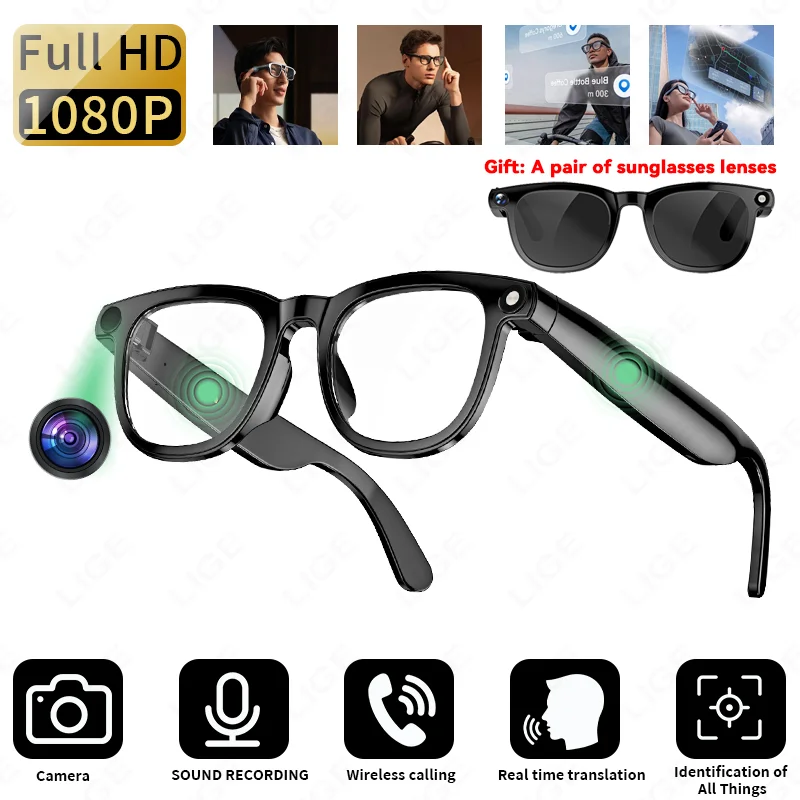 

LIGE умные очки для камеры 8MP 1080P видеозапись AI перевод распознавание объектов голосовое управление вызов солнцезащитные очки линзы подарки