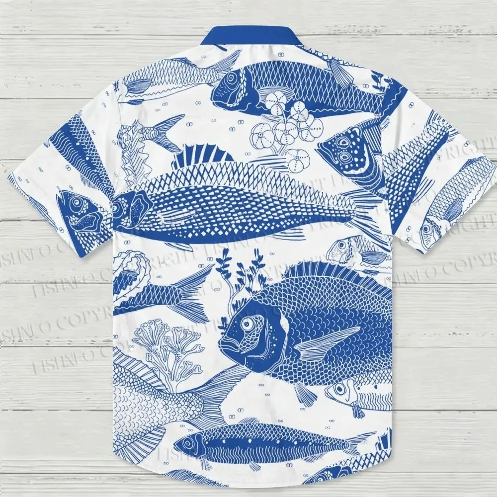 Blue Fish Button Up Shirt 3D Pattern Style Men's Hawaiian Shirt