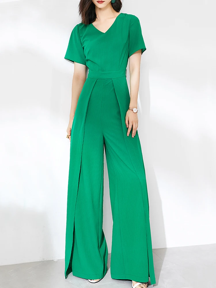 Quality Elegant Women\'s Long Jumpsuits for Girl Casual Fashion Wide Leg Pants Short Sleeves Green Vintage Ladis Party Rompers