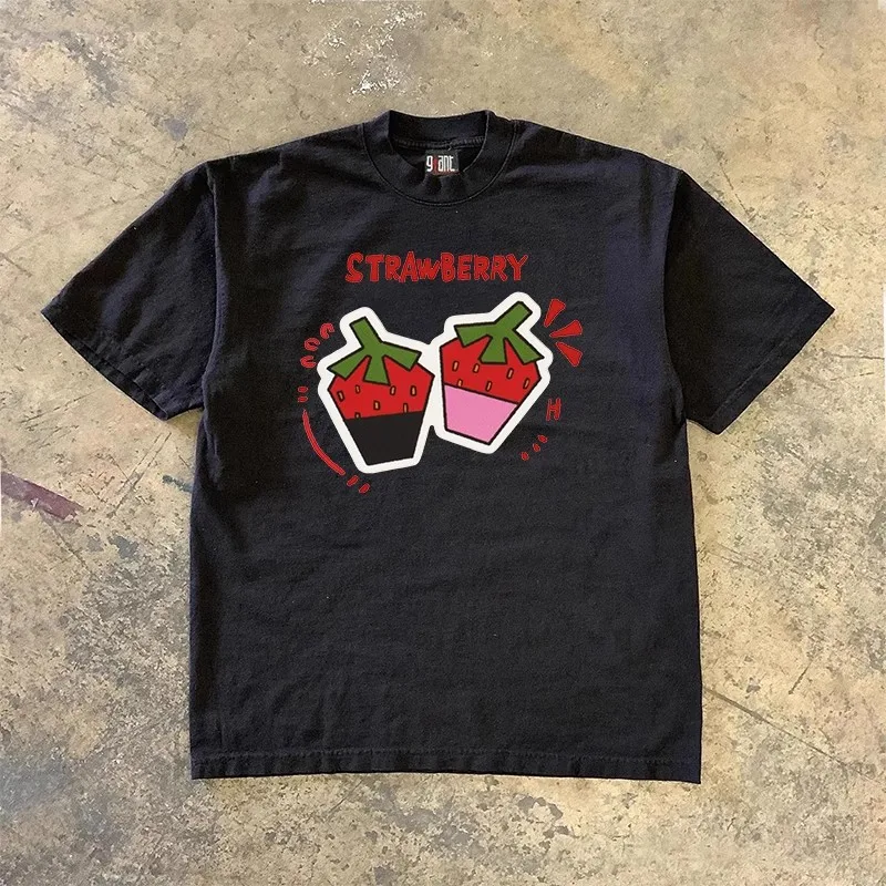 

260 grams of heavy cotton t! Strawberry fun print niche design loose Joker short sleeve T