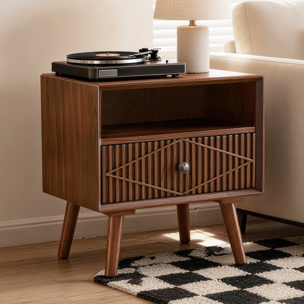 Century Modern Wood Nightstand with Carved Geometric Drawer Front, 1 Drawer and Open Shelf, Solid Wood Legs, Bedside Table for Bedroom