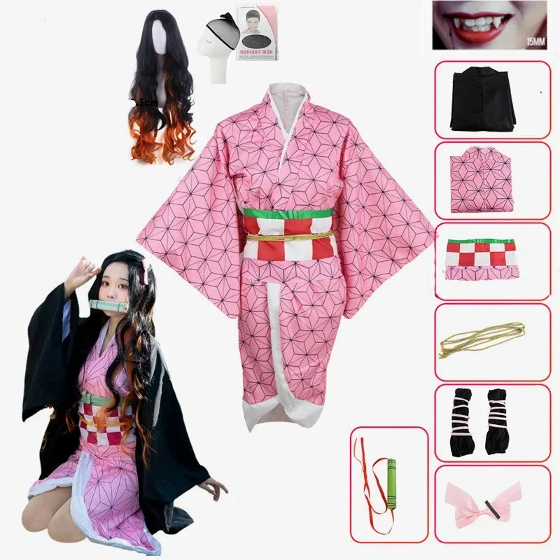 

Anime Demon Slayer Nezuko Cosplay Costume Kimono Kimetsu No Yaiba Kamado Nezuko Costume Wig Womens Girls Kimono Uniform Clothes