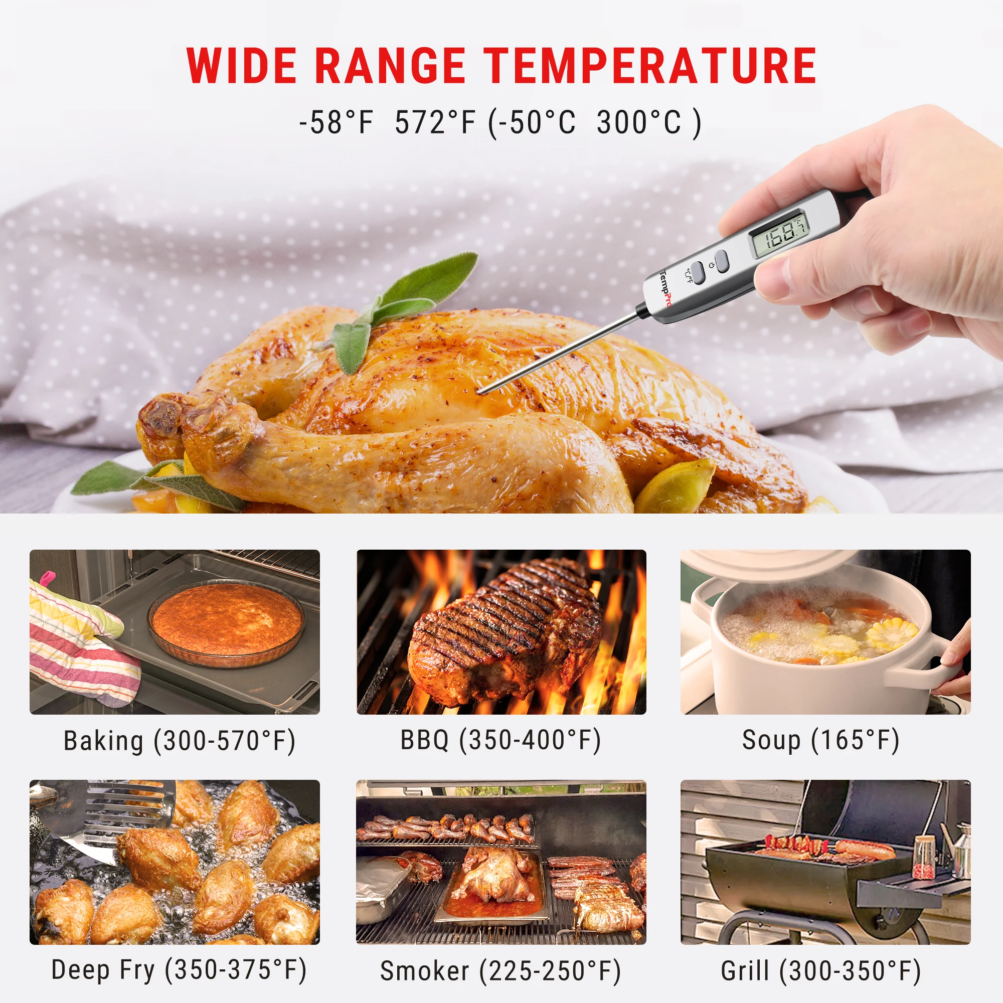 TempPro IC6016 Digital Instant Read Meat Thermometer, Cooking Food Thermometer with 4.7in Long Probe for Grill Kitchen and Oven