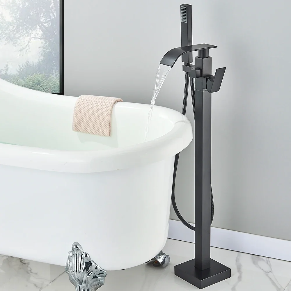 Floor Standing Faucet Bathtub Shower Floor Mounted Tub Filler Faucet Brass Bathroom Tub Faucets with Hand Shower