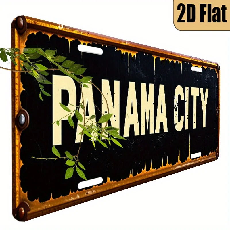 1pc Vintage Panama City License Plate - Heavy-Duty Aluminum Car Plate Replica (6x12 Inches) - Black & Golden Retro Design - Flor