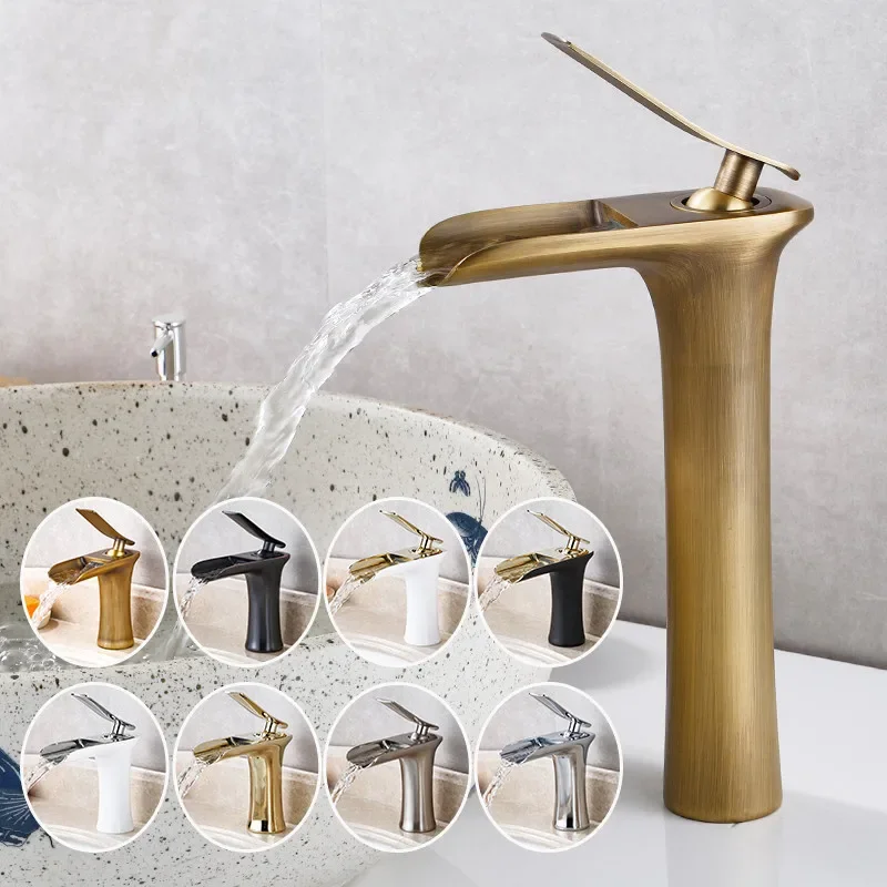 

Gold Basin Faucets Waterfall Black Bathroom Faucet Single handle Basin Mixer Tap Tall Bath Faucet Brass Sink Water Crane Silver