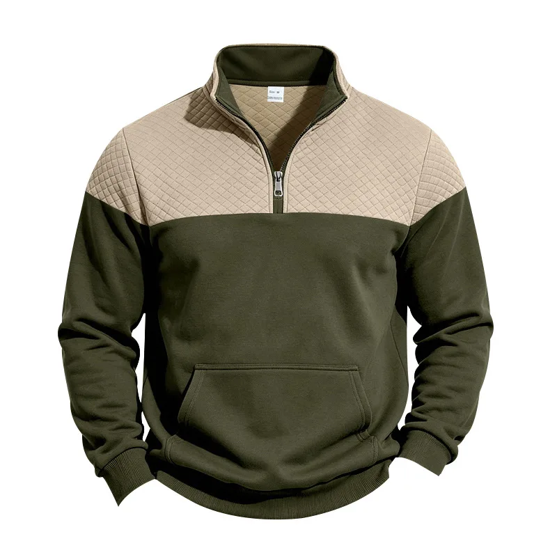 026 Men's Zip Stand Collar Sweatshirt,Heavy Fleece Lined,Colorblock Jacquard,Loose American Top,Autumn Winter Hot