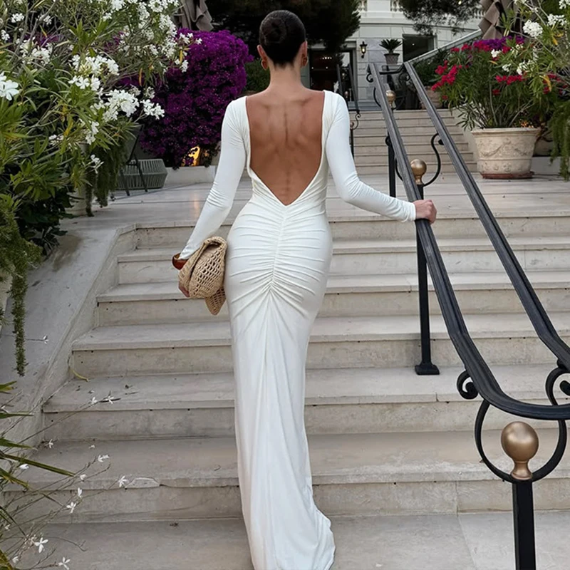 

Ticketsx White Backless Long Dress Women's Fashiona Gathered Long-Sleeved High-Waisted Dress Sexy Luxury Party Evening Dress