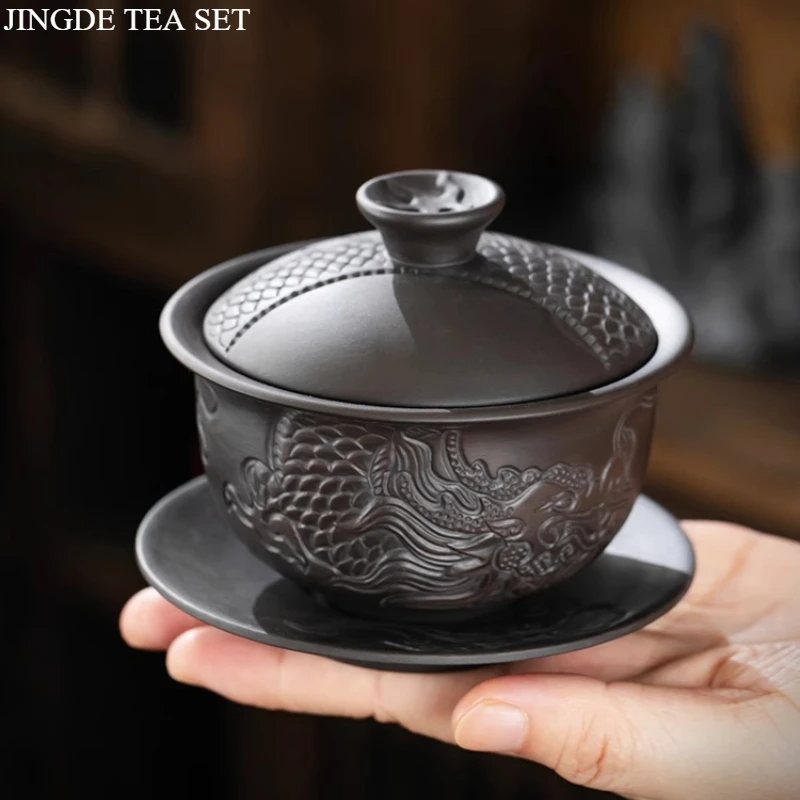 Purple Clay Pottery Dragon Relief Teapot, Handmade Tea Pot, High-end Kung Fu Tea Set,puer Tea Ceremony, Three Talent Cup 1PCS