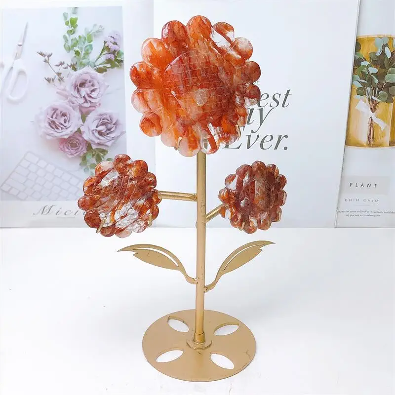 

Natural Red Fire Quartz Hematoid Sunflower Carving Quartz Healing Crystal Stone Cute Birthday Present Home Decoration 1set