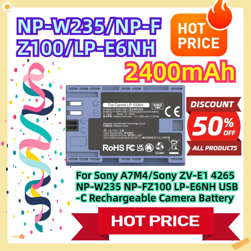 

Для Sony A7M4/Sony ZV-E1 4265 NP-W235 NP-FZ100 LP-E6NH USB-C перезаряжаемая батарея для камеры