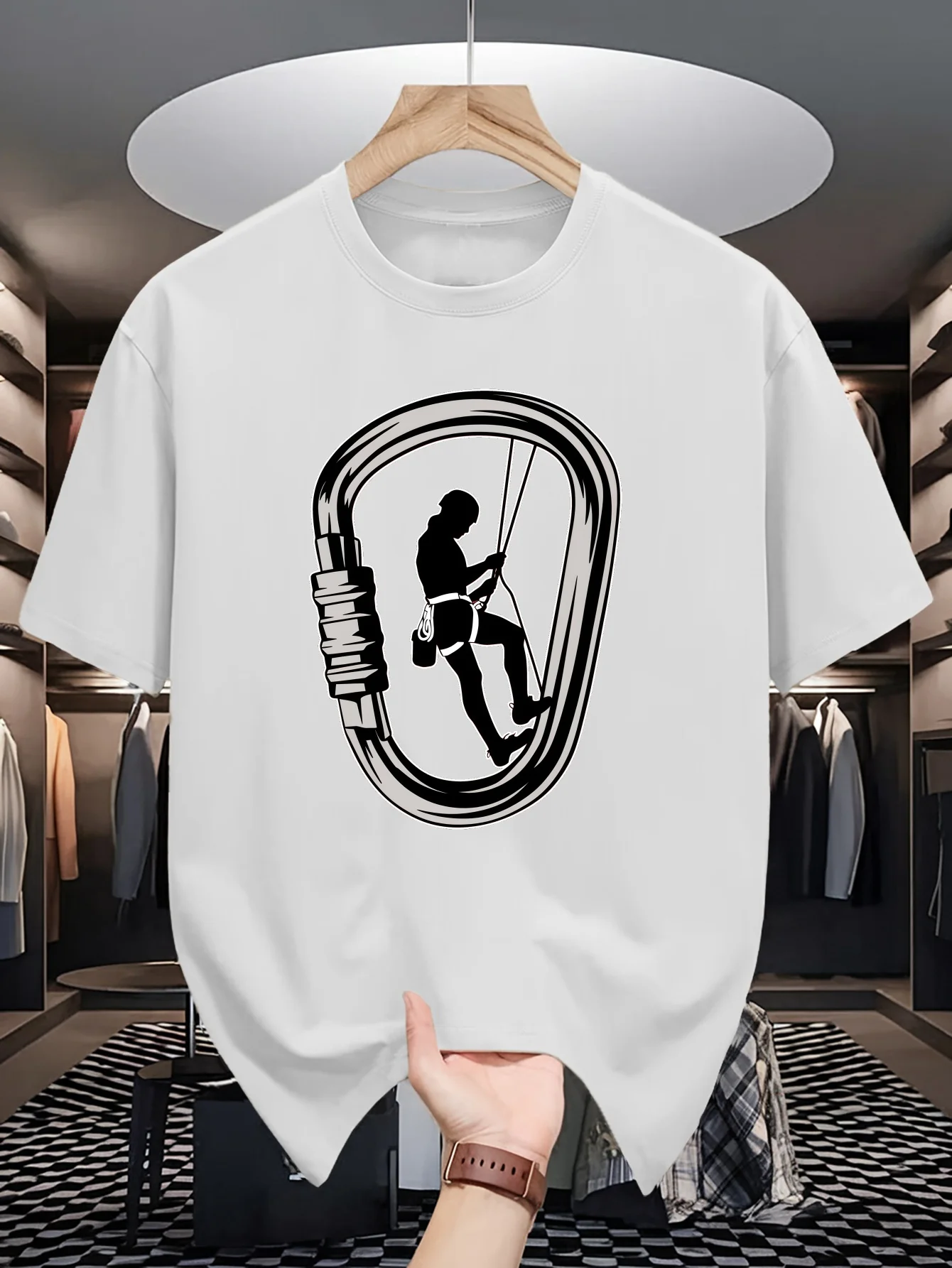 Rock Climbing Carabiner Print Mens Crew Neck T Shirt Climber Silhouette Graphic Short Sleeve Casual Cotton Trendy Street Tees