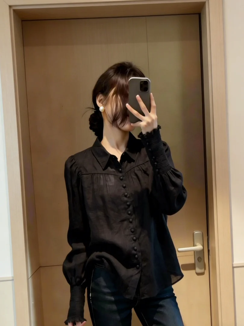 Elegant Black Linen Long Sleeve Shirt Women's Fashion Commute Style Button up Top Spring 2026 Beautiful Clothing