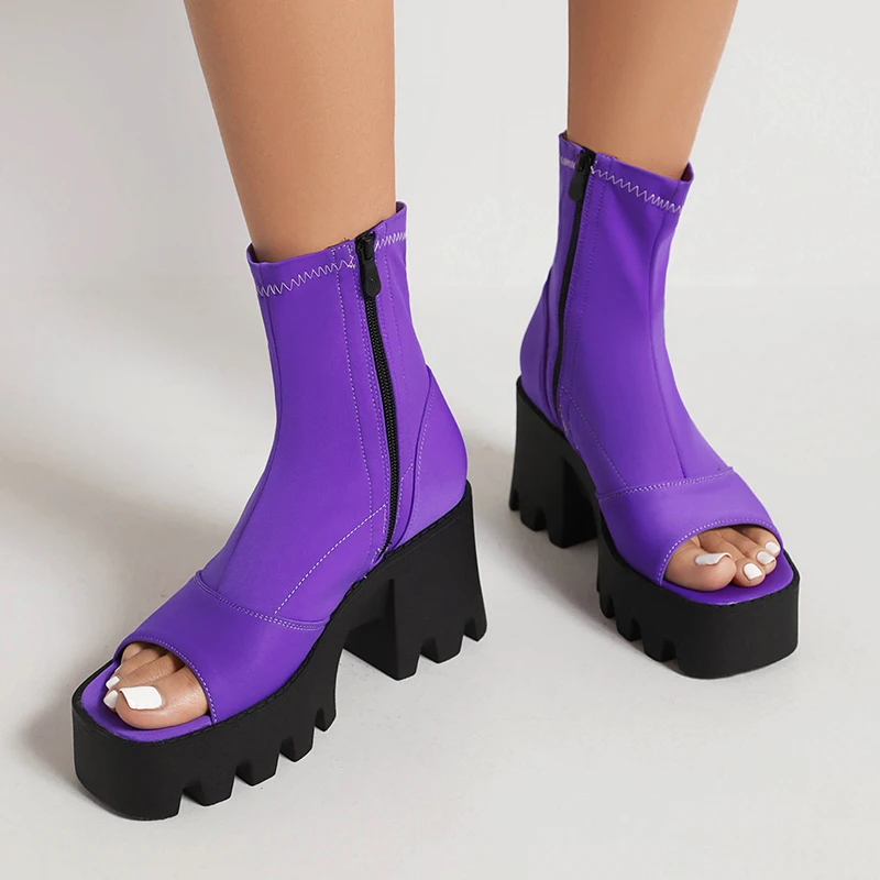 Materiale in Lycra viola suola piatta con tacco spesso scarpe con punta aperta rialzata piattaforma cerniera laterale stivali corti da donna estivi