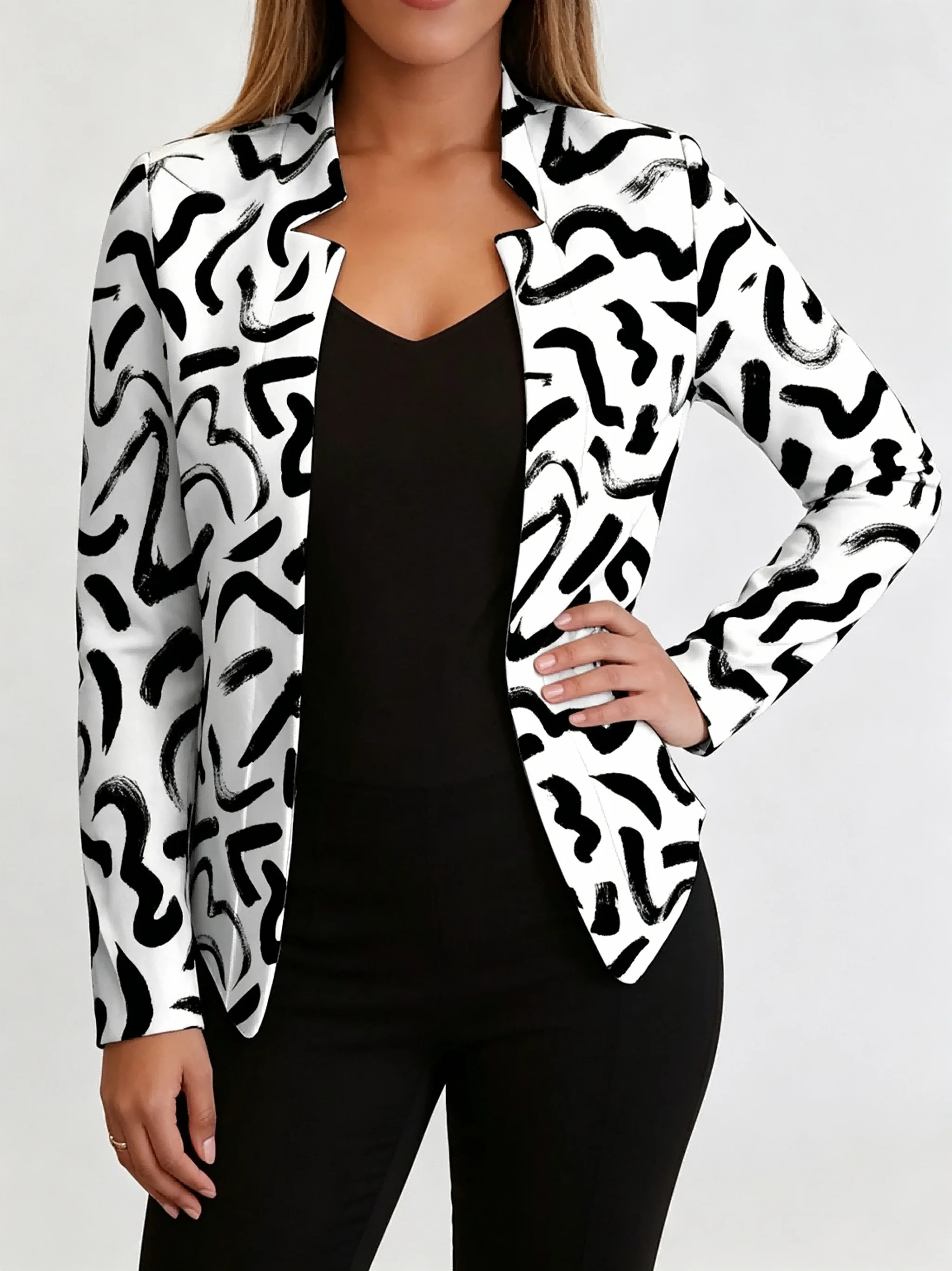 Women Black White Abstract Print Blazer Stand Collar Open Front Long Sleeve Slim Fit Casual Office Suit Jacket