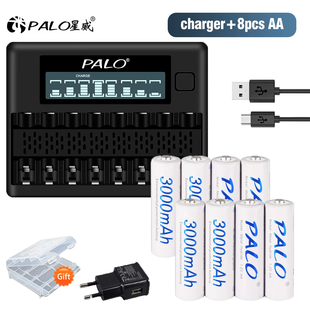 PALO AA battery 1.2V AA rechargeable battery 3000mAh nimh aa batteries with 8slots 1.2V AA AAA battery charger