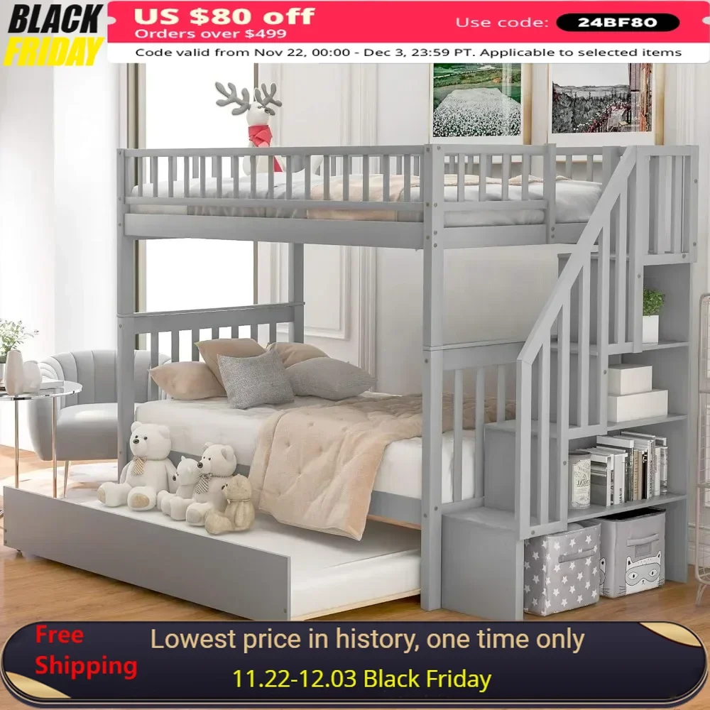 Bunk Bed, with Trundle, with Storage,Can Be Split Into 3 Separate Beds,for Kids Teens Adults ,Solid Wood Stairway Bunk Bed Frame