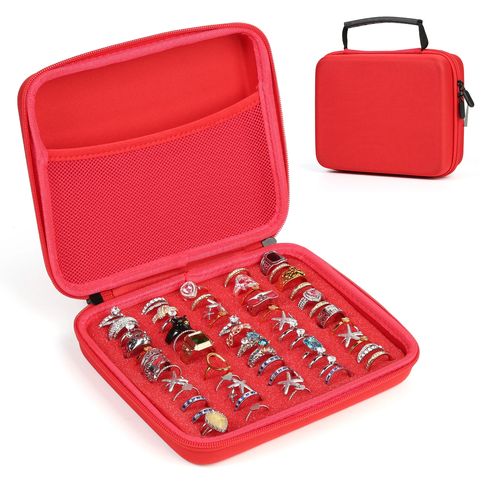 Schmuckbox mit Fächern für Ringe, Halsketten und Schmuck, mit Netztasche, Aufbewahrungstasche für Mädchen.