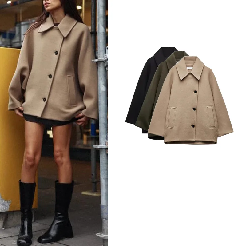

Новое весеннее женское утепленное шерстяное пальто свободного кроя с рукавами «летучая мышь», верхняя одежда в милом стиле, стандартная длина рукава, на одной пуговице