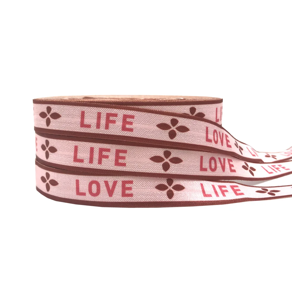 10Yard LIFE LOVE Print Letters Fold Over Elastic 15MM FOE Ribbon per accessori per fettuccia regalo copricapo fai da te