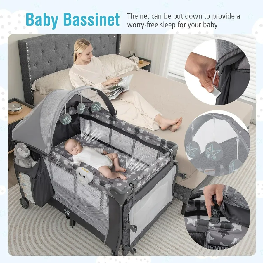 BABY JOY Confezione 4 in 1 e gioco Parco portatile per bambini con culla Tettuccio regolabile Tavolino con serratura Ruote luminose Music