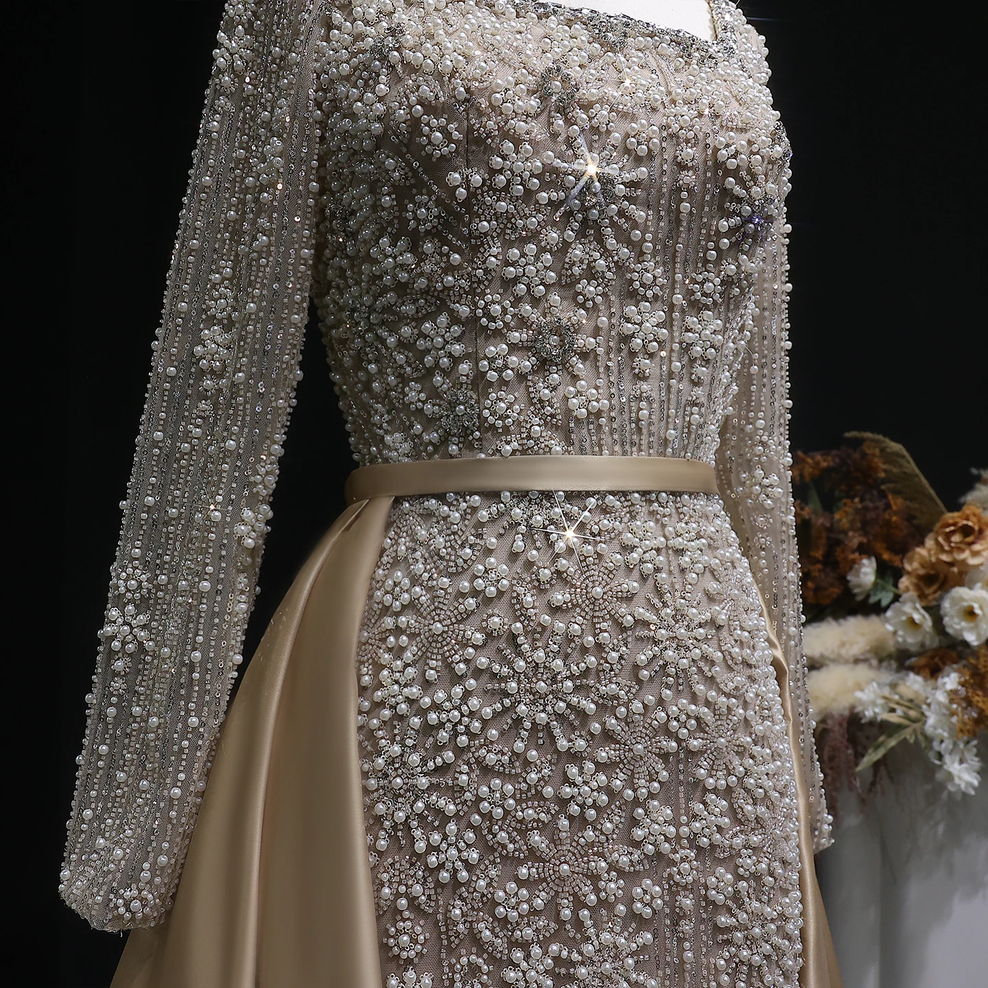 Sharon Said Champagner Meerjungfrauen-Abendkleid mit langen Ärmeln, Überrock, Perlenbesatz, Arabian Nights Ballkleid, formelles Kleid SS119, maßgeschneidert – Detail 17