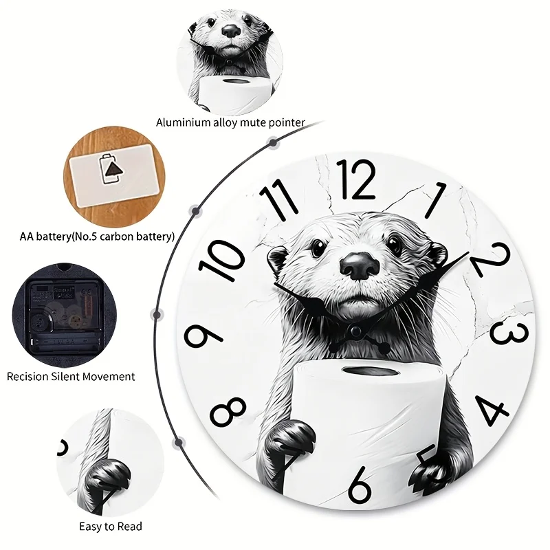 A Round Wall Clock, Little Sloth Newspaper Clock, Black and White Art Style Decor, Silent Non-ticking, Back-to-school Season