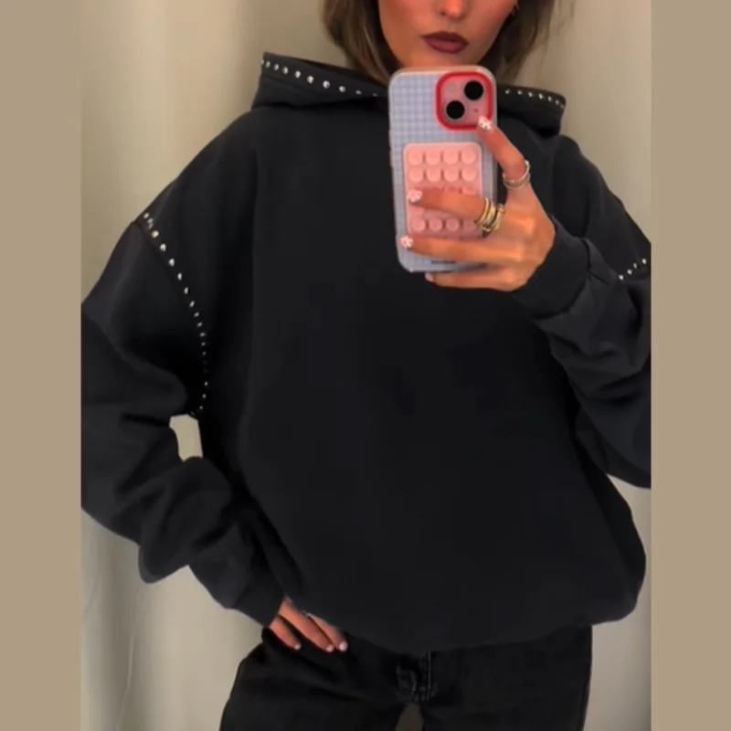 Women's Black Sweatshirt Jacket Fashion Cool Casual Loose Long Sleeve Beaded Hoodie Trend Coat 2026 Autumn Lady Commute Outwear