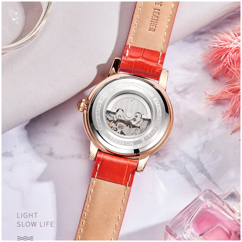 Carnival Top Brand Luxury Diamond Mechanical Watches Fashion Red Leather Strap Waterproof Sapphire Hollow Wristwatches Womens