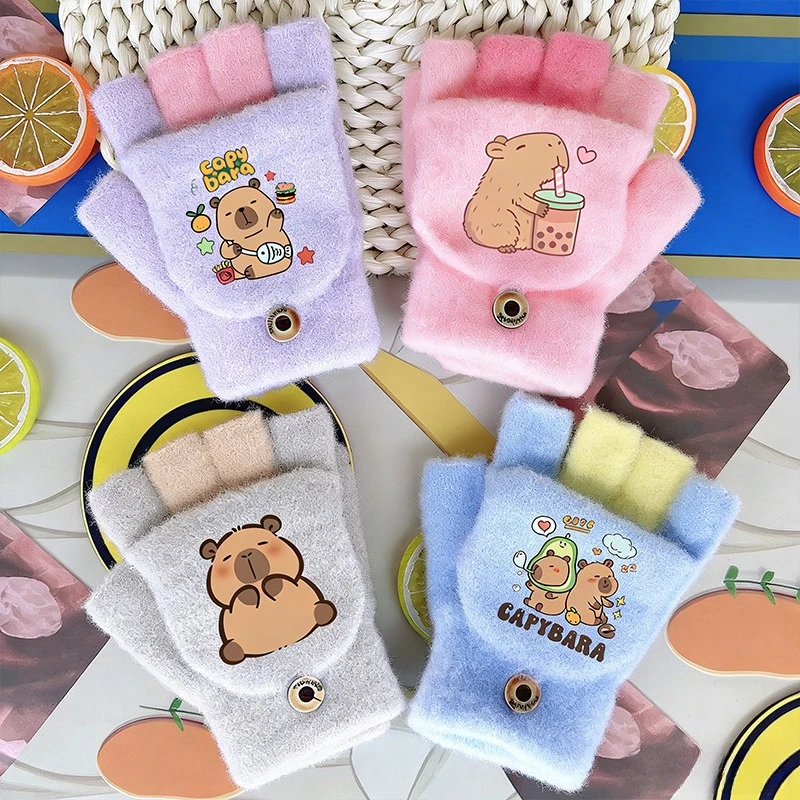 

Capybara Winter Kid Gloves Girl Boy Half Finger Flip Gloves Outdoor Accessories Mittens Baby Xmas Birthday Gift 4-13 Years Old