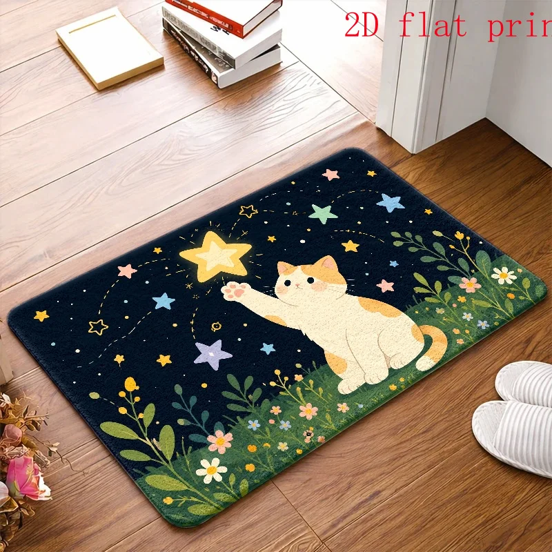 [2Dflat] Flannel Floor Mat, Cute Cat And Star Pattern Floor Mat, Durable, Washable Doormat, Suitable for Living Room, Bedroom, Bathroom, Kitchen, Balcony