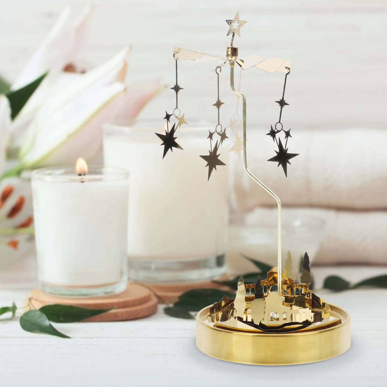 

Holder Stainless Steel Rotatable Design Festive Tabletop Adornment Aromatherapy Candlestick Holiday Decoration