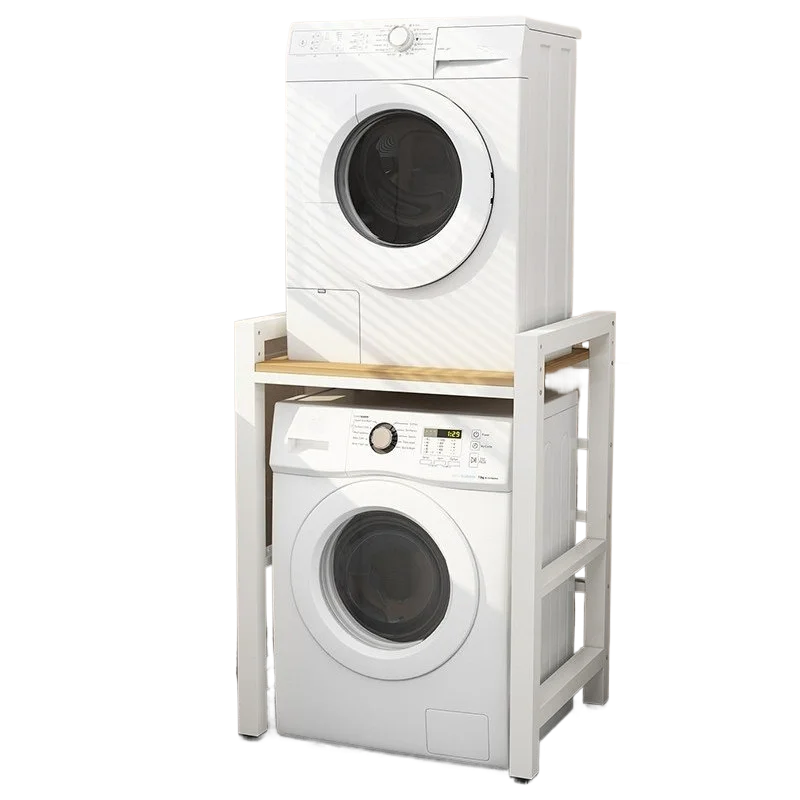 

Floor Standing Double Tier Stack Shelf Above Drum Washer Dryer Dishwasher, Balcony Laundry Detergent Storage Organizer Rack