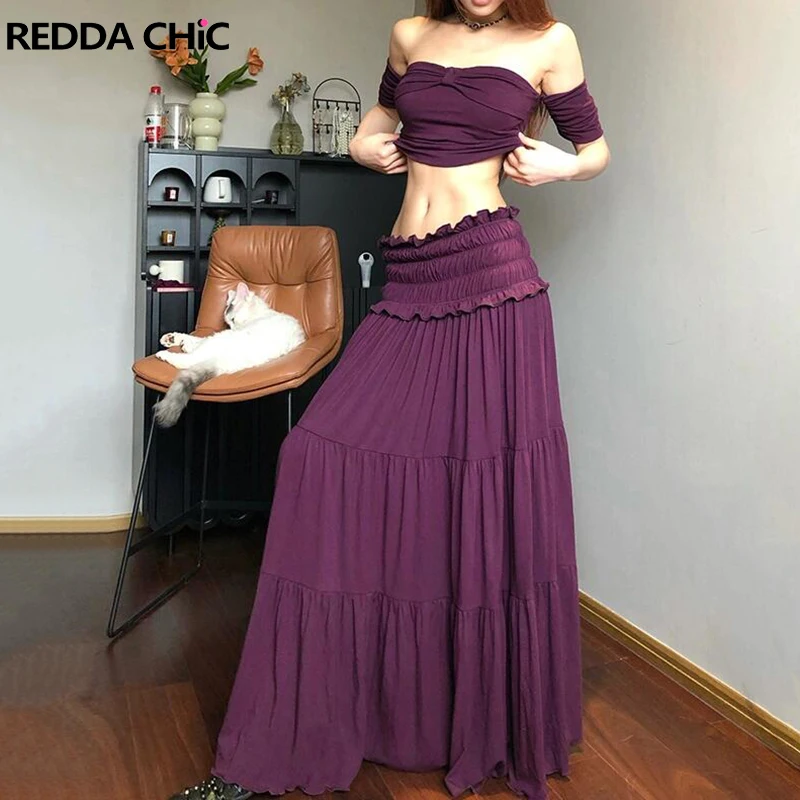 

ReddaChic Топ на одно плечо Юбка Женский комплект Футболка с короткими рукавами и бантом Эластичная талия Макси Длинная юбка Повседневная летняя одежда