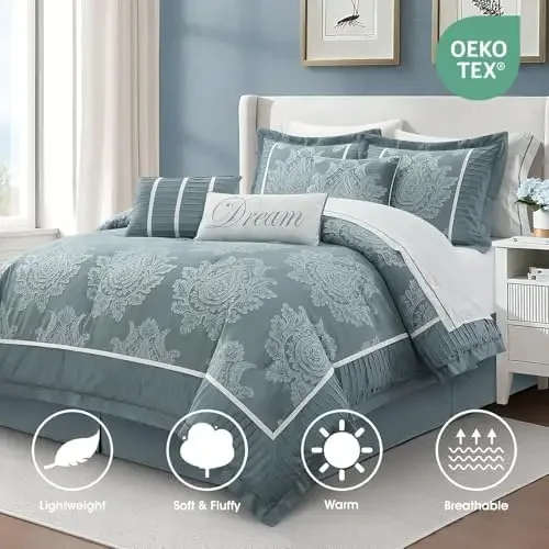 Blue Queen Comforter Set, 15 Pieces, Damask Jacquard Woven, Bedding Set with Sheets, Room in a Bag, Comforter, Bed