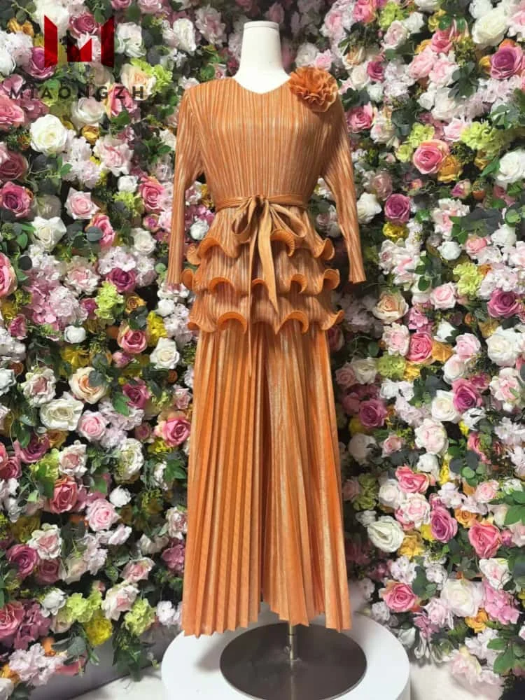 

2025 Spring New Pleated Two Piece Set For Women Tierred Ruffles Long Sleeve Top Loose High Waist Folds Wide Leg Pants Chic Sets