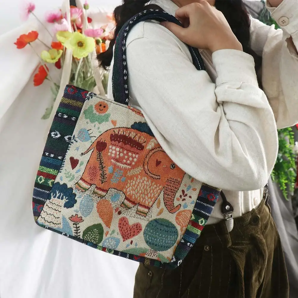 Vintage Embroidery Elephant Ethnic Style Handbag Animal Peacock Canvas Tote Bag Canvas Rabbit Handbag Storage Bag